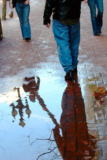 Dennis on puddle, Market Street San Francisco, photo by W. Lam, Feb 2005.